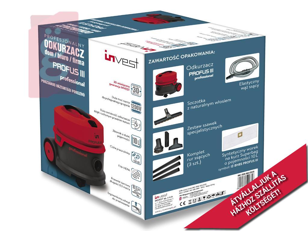 Kép a(z) INVEST PROFUS III porzsákos ipari porszívó 10L 1200W / INC-ODK-002/2025 nevű termékről